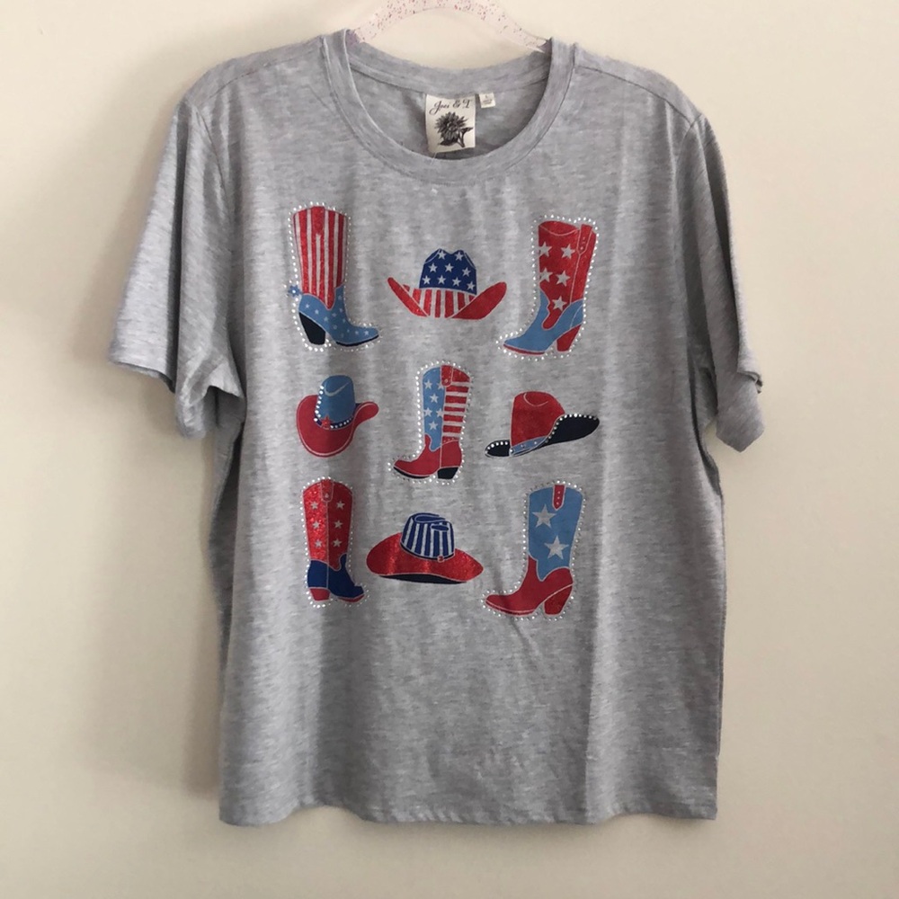 Grey Graphic Tee with Patriotic Western Cowboy Boots & Hats
